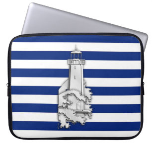 Silver Chrome Like Lighthouse on Navy Stripes Laptop Sleeve