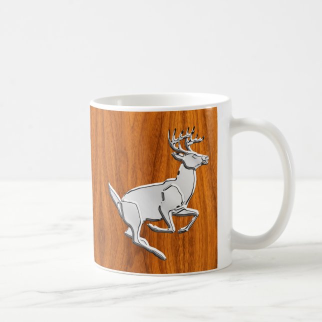 Silver Chrome Like Running Deer on Fine Teak Print Coffee Mug (Right)