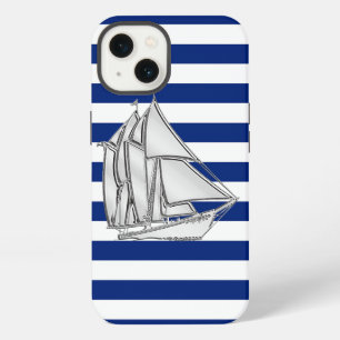 Silver Chrome Style Sailboat on Nautical Stripes iPhone 13 Case