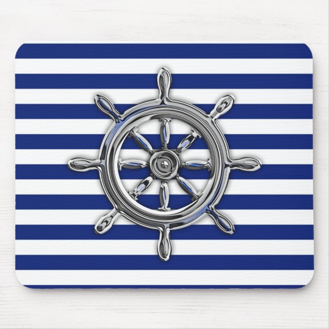Silver Chrome Wheel on Nautical Stripes Mouse Pad (Front)
