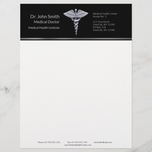 Silver Classy Medical Caduceus on Black Custom Letterhead (Front)