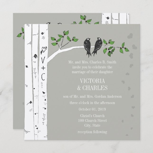 Silver Cloud Birch Vintage Birds Wedding Invite (Front/Back)
