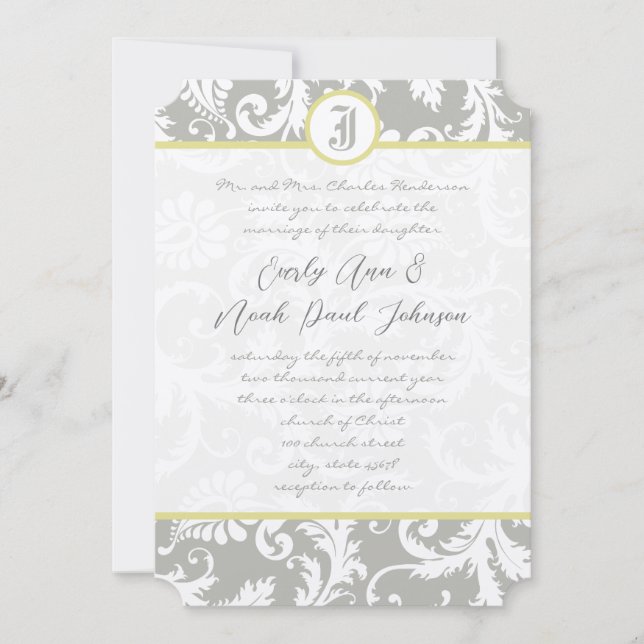 Silver Cloud Grey Damask Yellow Wedding Invitation (Front)