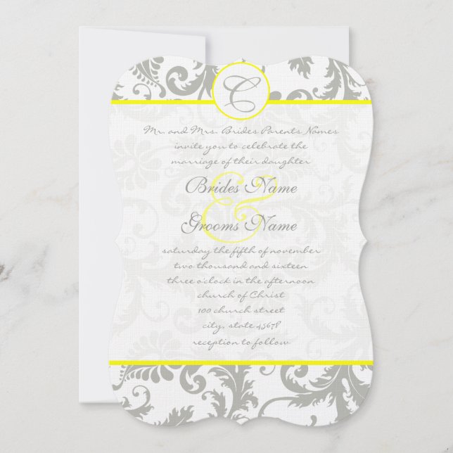 Silver Cloud Grey Damask Yellow Wedding Invitation (Front)