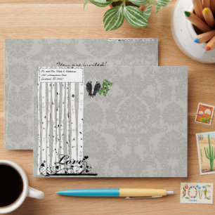 Silver Cloud Vintage Birds Damask Wedding Envelope