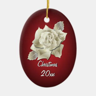 Silver Colour Rose on Dark Red Personalised Ceramic Tree Decoration