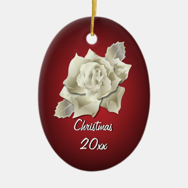 Silver Colour Rose on Dark Red Personalised Holida Ceramic Tree Decoration (Front)