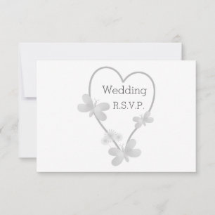 Silver Coloured Heart And Butterflies Wedding RSVP Invitation