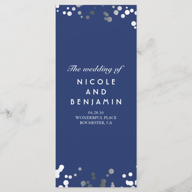 Silver Comfetti Elegant Navy Blue Wedding Programs Programme (Front)