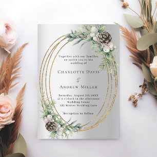 Silver cone pine greenery gold frame wedding invitation