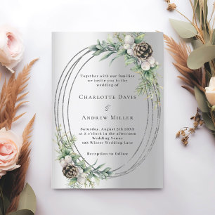 Silver cone pine greenery winter wedding invitation