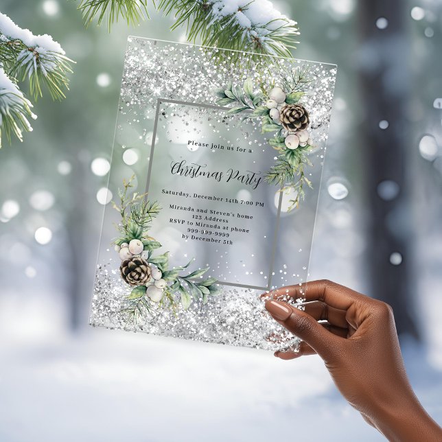 Silver cones green leaves frosted Christmas Party Acrylic Invitations (Creator Uploaded)