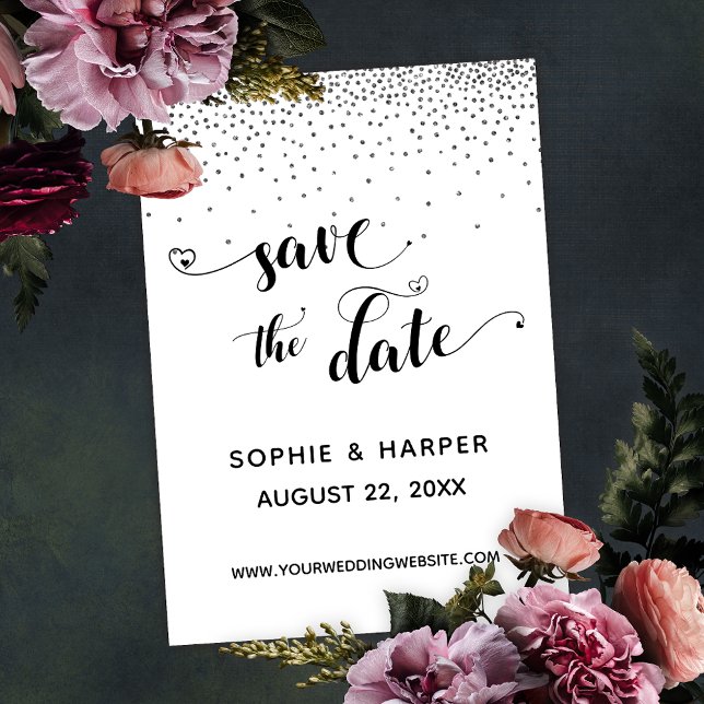 Silver Confetti and Calligraphy with Hearts Save The Date (Creator Uploaded)