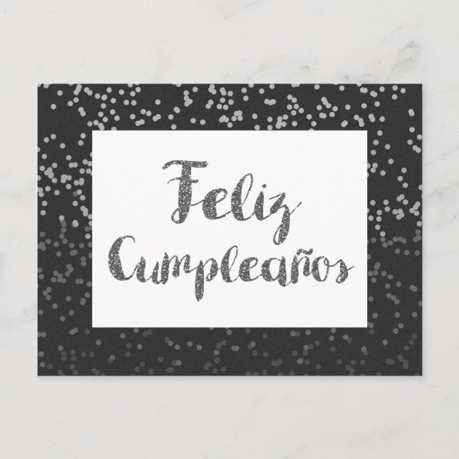 Silver Confetti and Glitter Feliz Cumpleanos Postcard (Front)