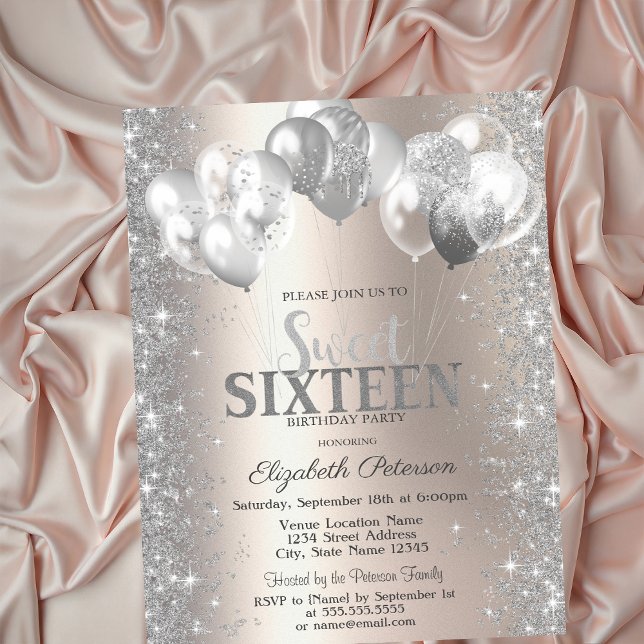 Silver Confetti Balloons Champagne Sweet 16 Invitation (Creator Uploaded)