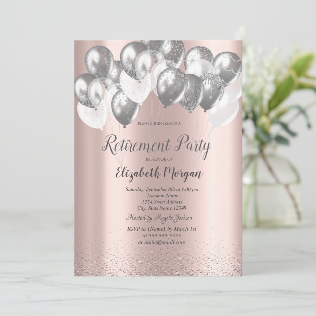 Silver Confetti Balloons Rose Gold Retirement Invitation (Standing Front)