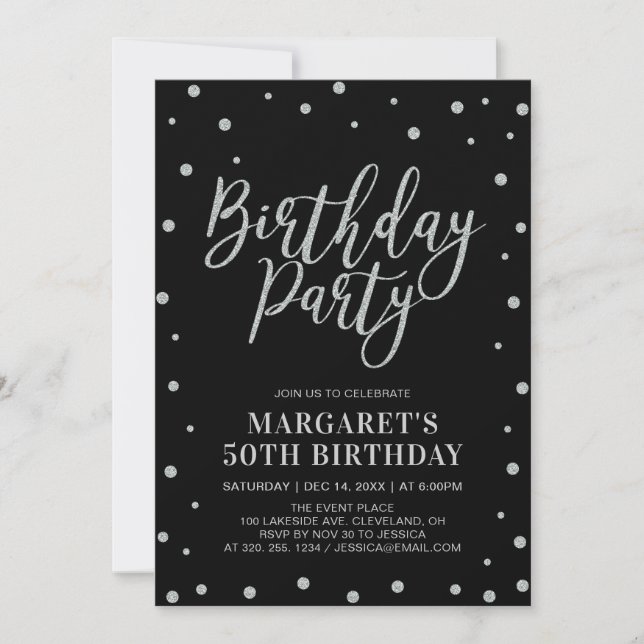 Silver Confetti & Black | Adult Birthday Party Invitation (Front)