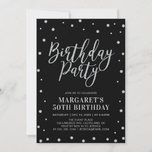 Silver Confetti & Black   Adult Birthday Party Invitation