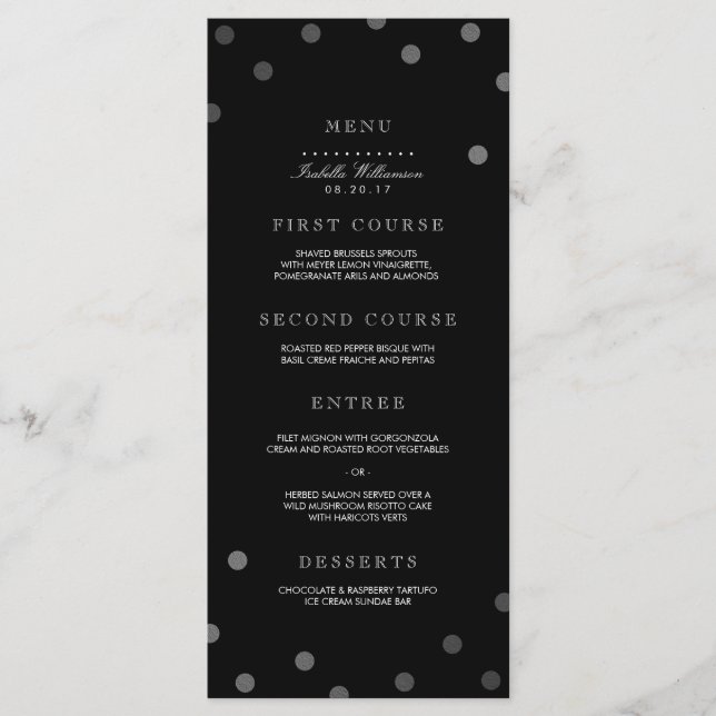 Silver Confetti & Black Surprise Party Menu (Front)