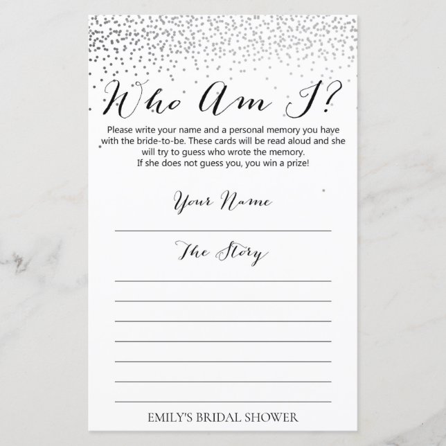 Silver Confetti Bridal Shower Game PRINTED (Front)