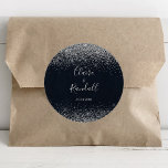 Silver Confetti Calligraphy Wedding   Classic Round Sticker<br><div class="desc">This silver confetti calligraphy wedding classic round sticker is perfect for a rustic wedding reception. The simple and elegant design features classic and fancy script typography in with a blue background and silver confetti.</div>