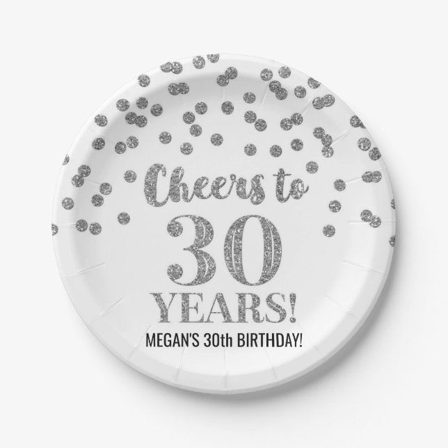 Silver Confetti Cheers to 30 Years Birthday Paper Plate (Front)