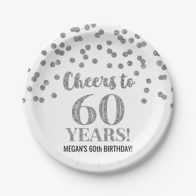Silver Confetti Cheers to 60 Years Birthday Paper Plate (Front)