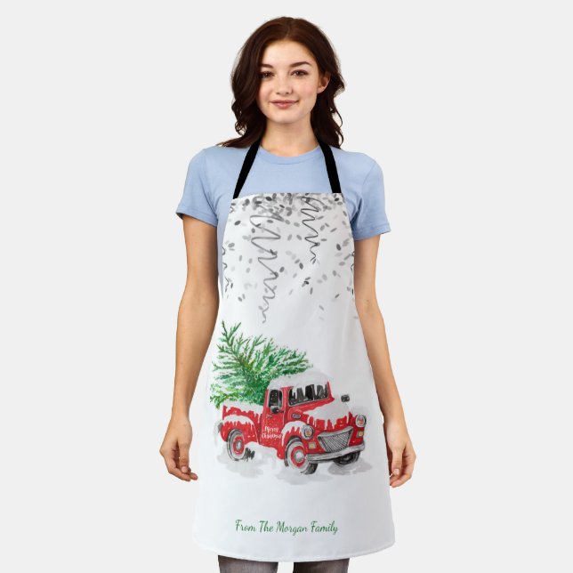 Silver Confetti,Christmas Red Truck Pine Tree Snow Apron (Worn)
