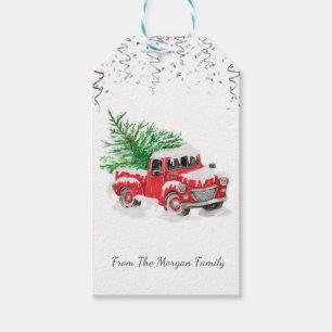 Silver Confetti,Christmas Red Truck Pine Tree Snow Gift Tags
