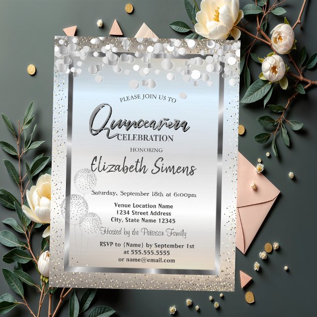 Silver Confetti Dots Balloons Frame Quinceañera Invitation (Creator Uploaded)