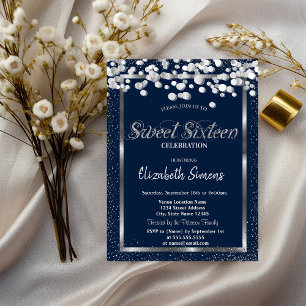 Silver Confetti Dots Navy Blue Sweet 16 Invitation