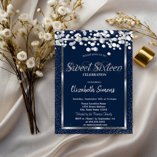 Silver Confetti Dots Navy Blue Sweet 16 Invitation (Creator Uploaded)