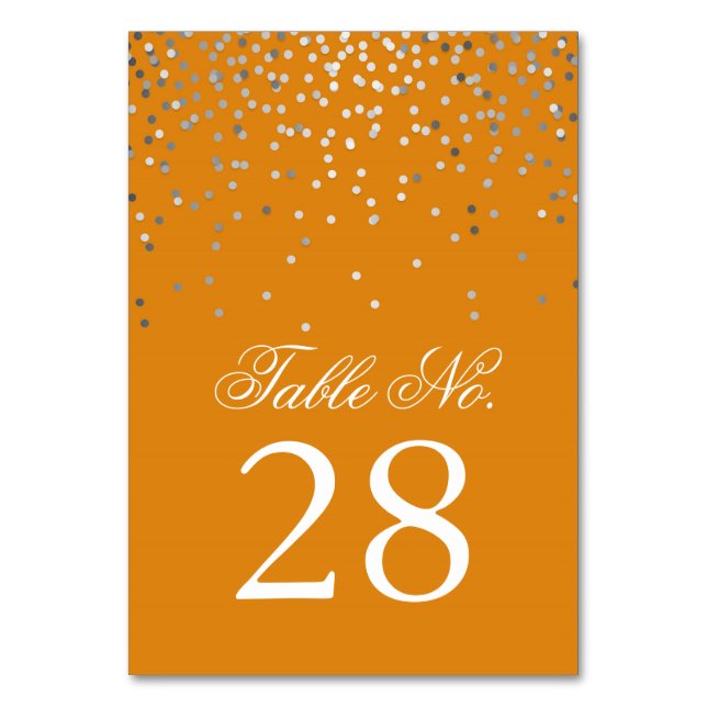Silver Confetti Dots Orange Wedding Table Number (Front)