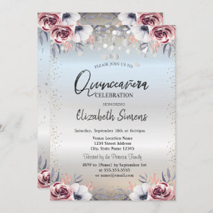 Silver Confetti Dots Silver Floral Quinceañera Invitation