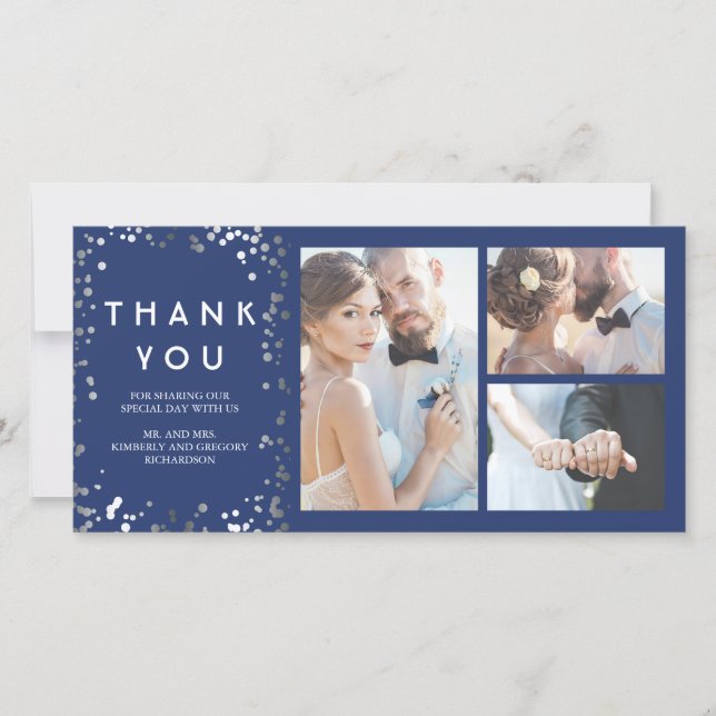 Silver Confetti Elegant Navy Wedding Thank You (Front)