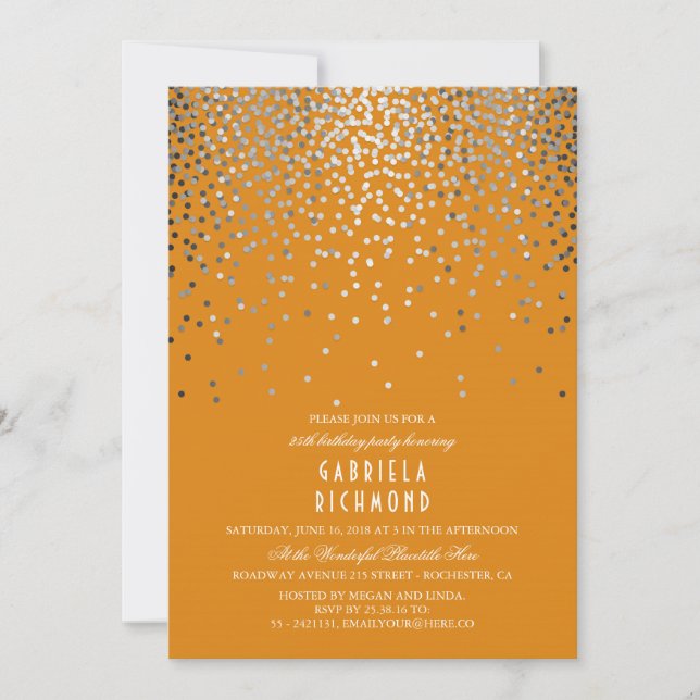 Silver Confetti Elegant Orange Birthday Party Invitation (Front)