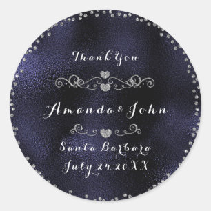 Silver Confetti Glitter Thank You Blue Navy Classic Round Sticker