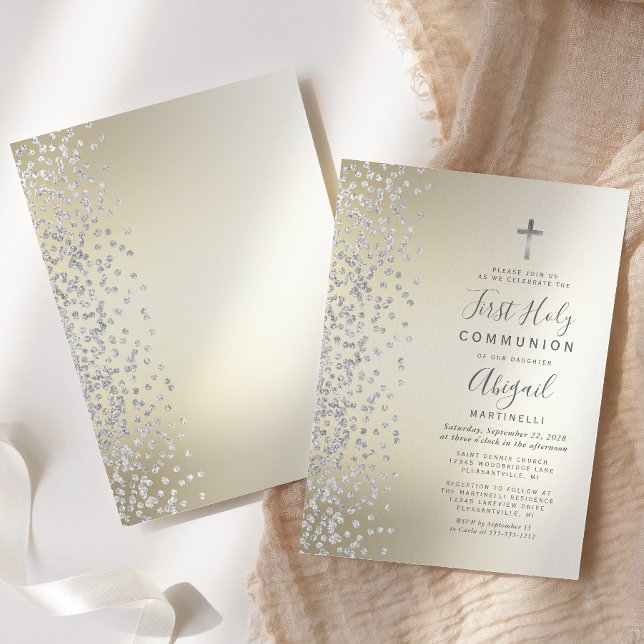Silver Confetti Gold Ombre First Holy Communion Invitation (Creator Uploaded)