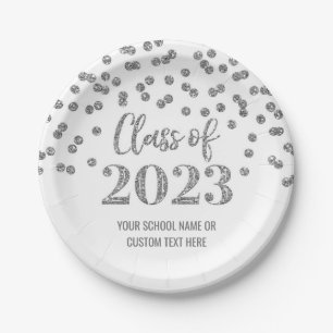 Silver Confetti Graduation 2023 Paper Plates