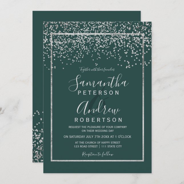 Silver confetti green typography wedding invitation (Front/Back)