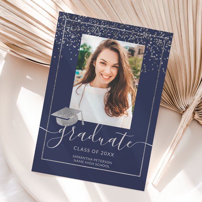 Silver confetti navy blue typography graduation invitation (Creator Uploaded)