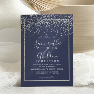 Silver confetti navy blue typography wedding invitation