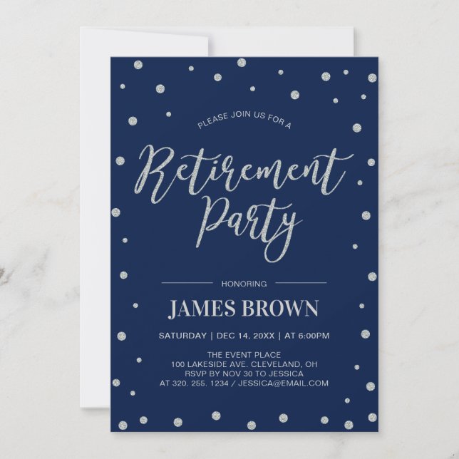 Silver Confetti & Navy | Modern Retirement Party Invitation (Front)