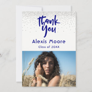 Silver Confetti Navy Photo Graduation 3 Thank You Announcement