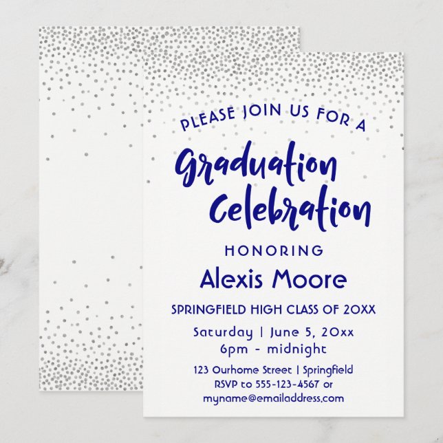 Silver Confetti & Navy Typography Graduation Party Invitation (Front/Back)