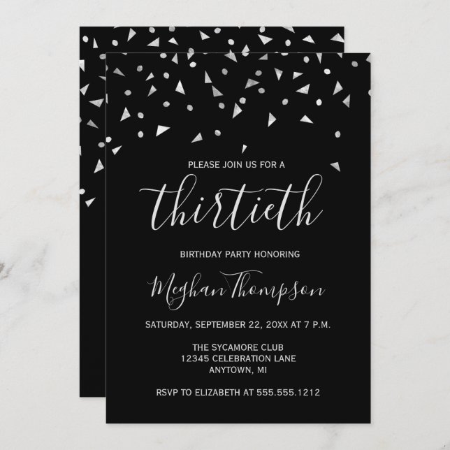 Silver Confetti on Black 30th Birthday Party Invitation (Front/Back)