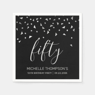 Silver Confetti on Black 50th Birthday Party Napkin