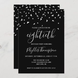 Silver Confetti on Black 80th Birthday Party Invitation