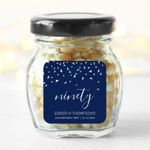 Silver Confetti on Navy Blue 90th Birthday Square Sticker