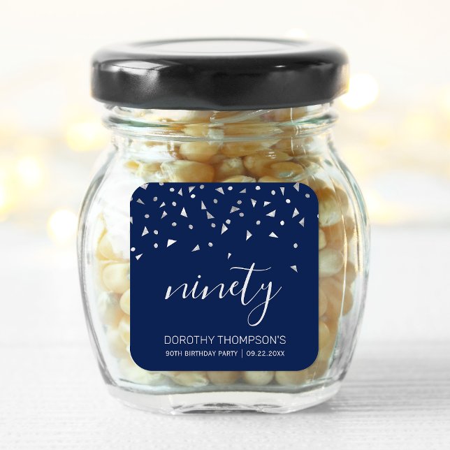 Silver Confetti on Navy Blue 90th Birthday Square Sticker (Creator Uploaded)